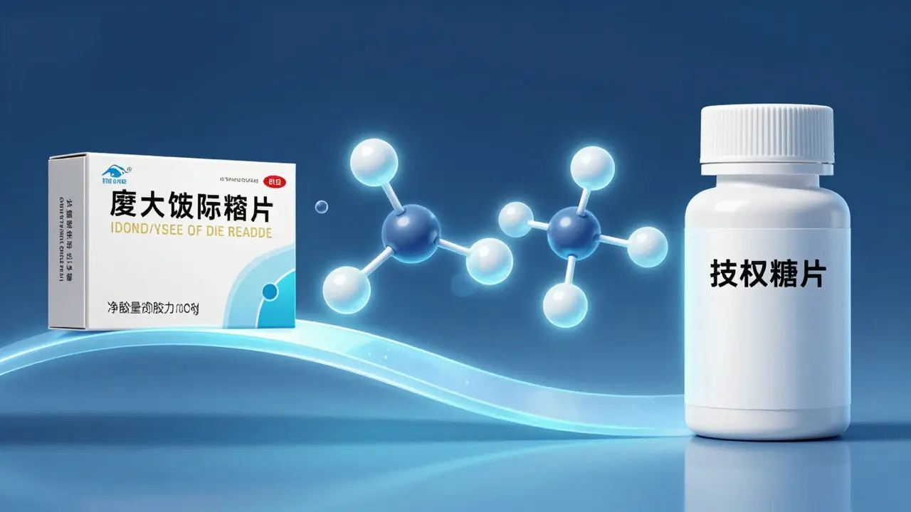 Conceptual manhua art showing identical molecular structures linking a brand drug and an authorized generic.