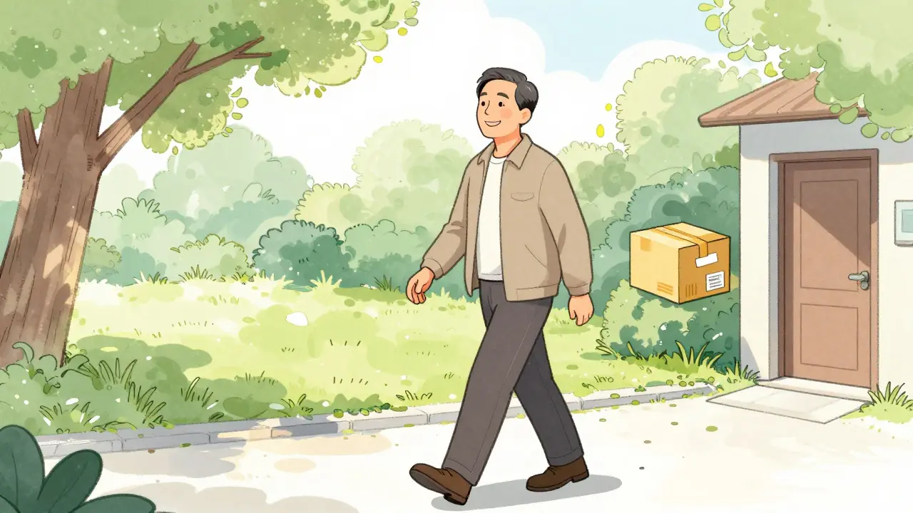 Healthy man walking in a park with a pharmacy delivery package nearby