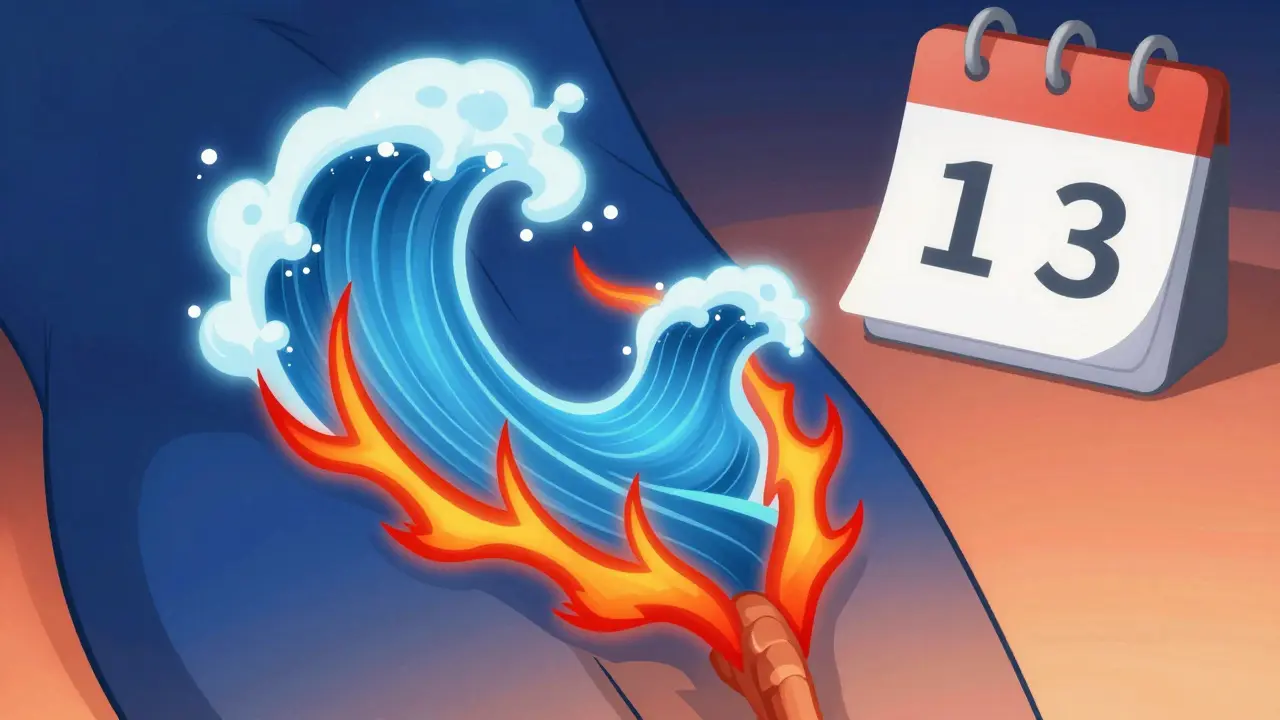 Manhua conceptual art of a blue cooling wave soothing a red inflamed bladder area.