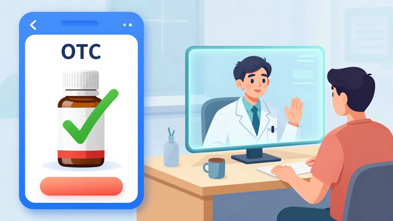 Manhua illustration showing OTC online shopping and a telemedicine doctor consultation.