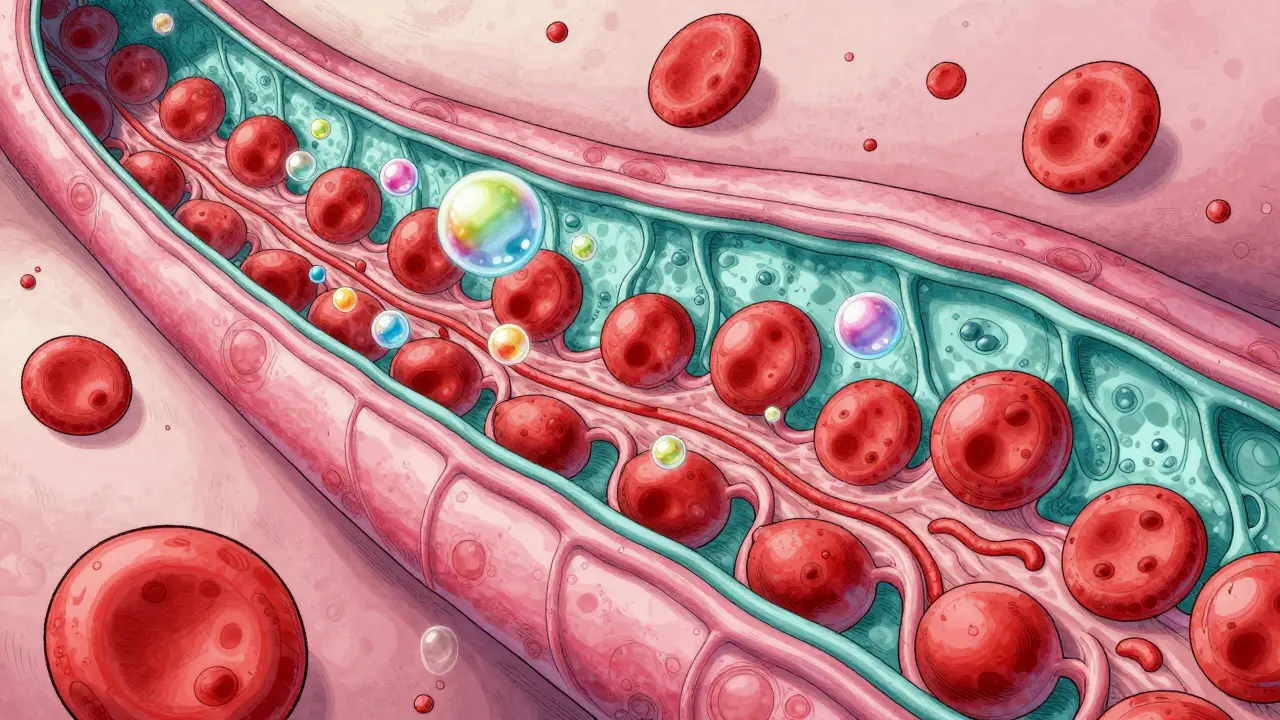 Microscopic view of oxygen exchanging in lung air sacs and blood