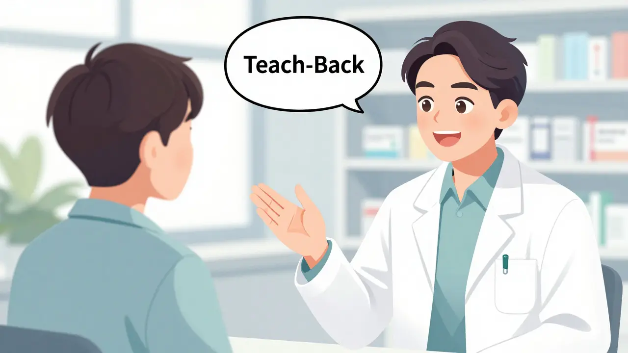 Patient confirming medication instructions with a pharmacist using teach-back
