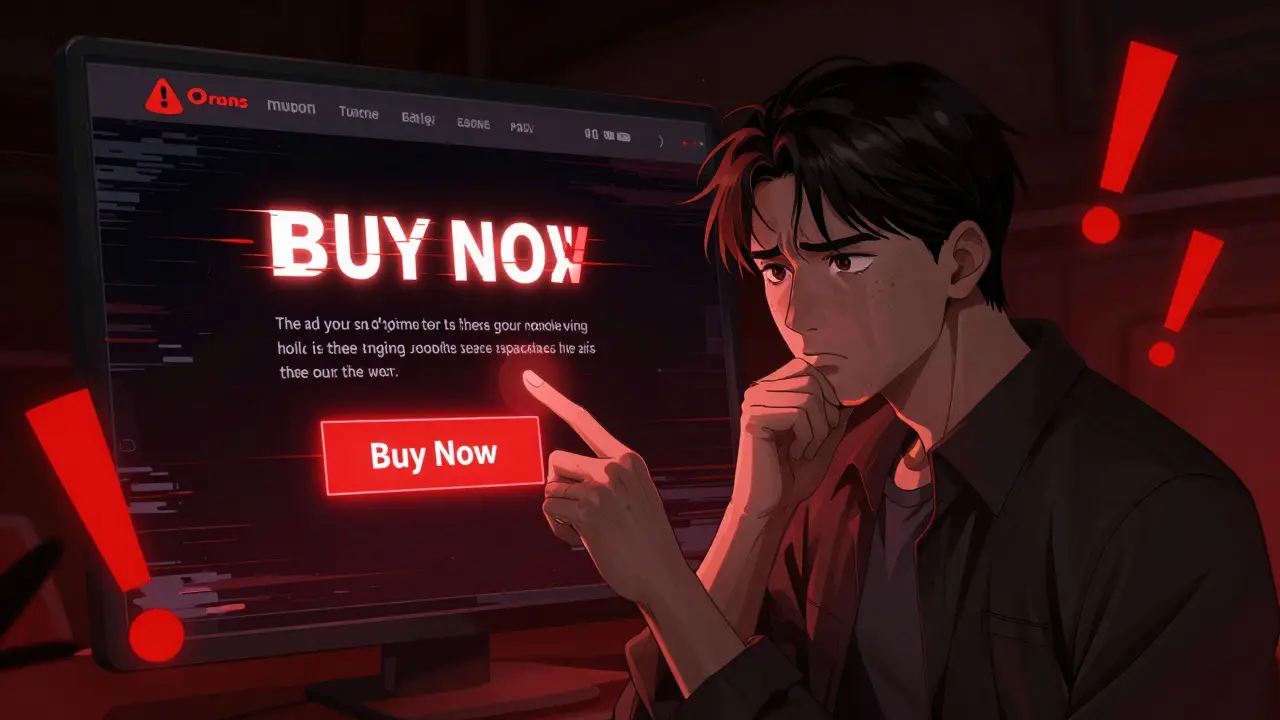 Person cautiously avoiding a suspicious-looking pharmacy website