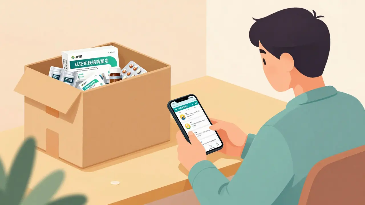 Person happily ordering bulk generic medication online from home