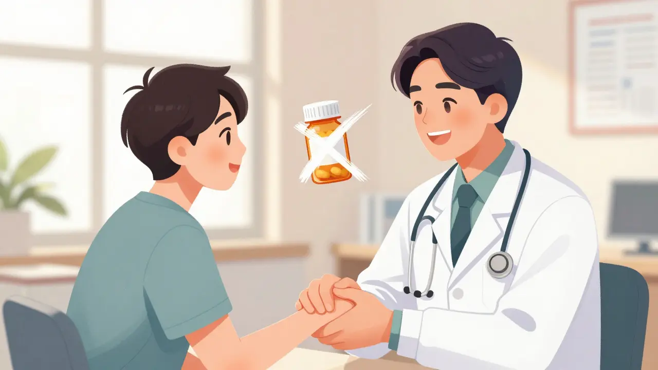 Recovered patient shaking hands with a doctor in a bright manhua style scene