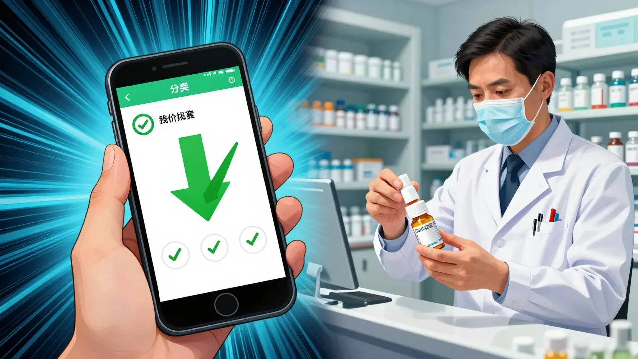 Split screen showing a medication price comparison app and a pharmacist