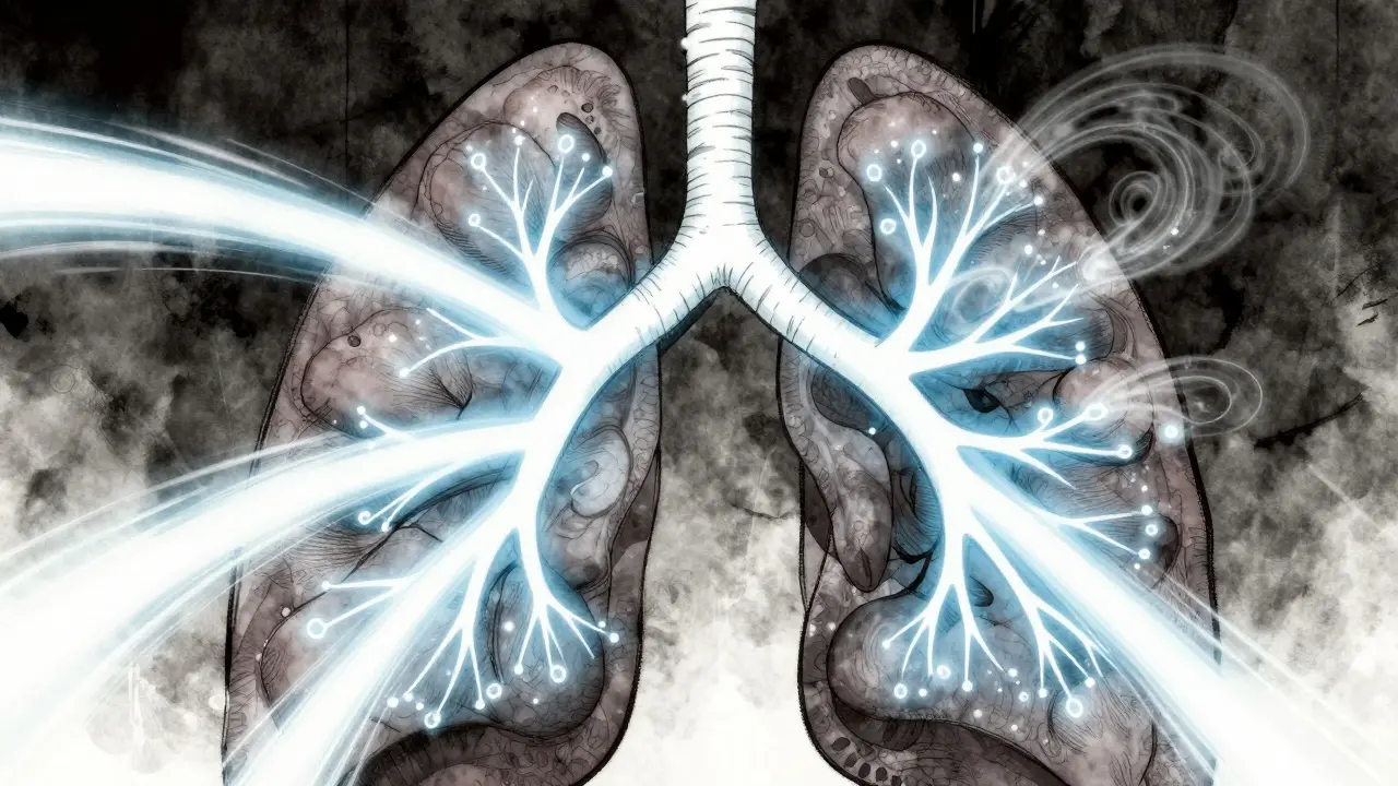 Stylized drawing of lungs with glowing air moving through tubes